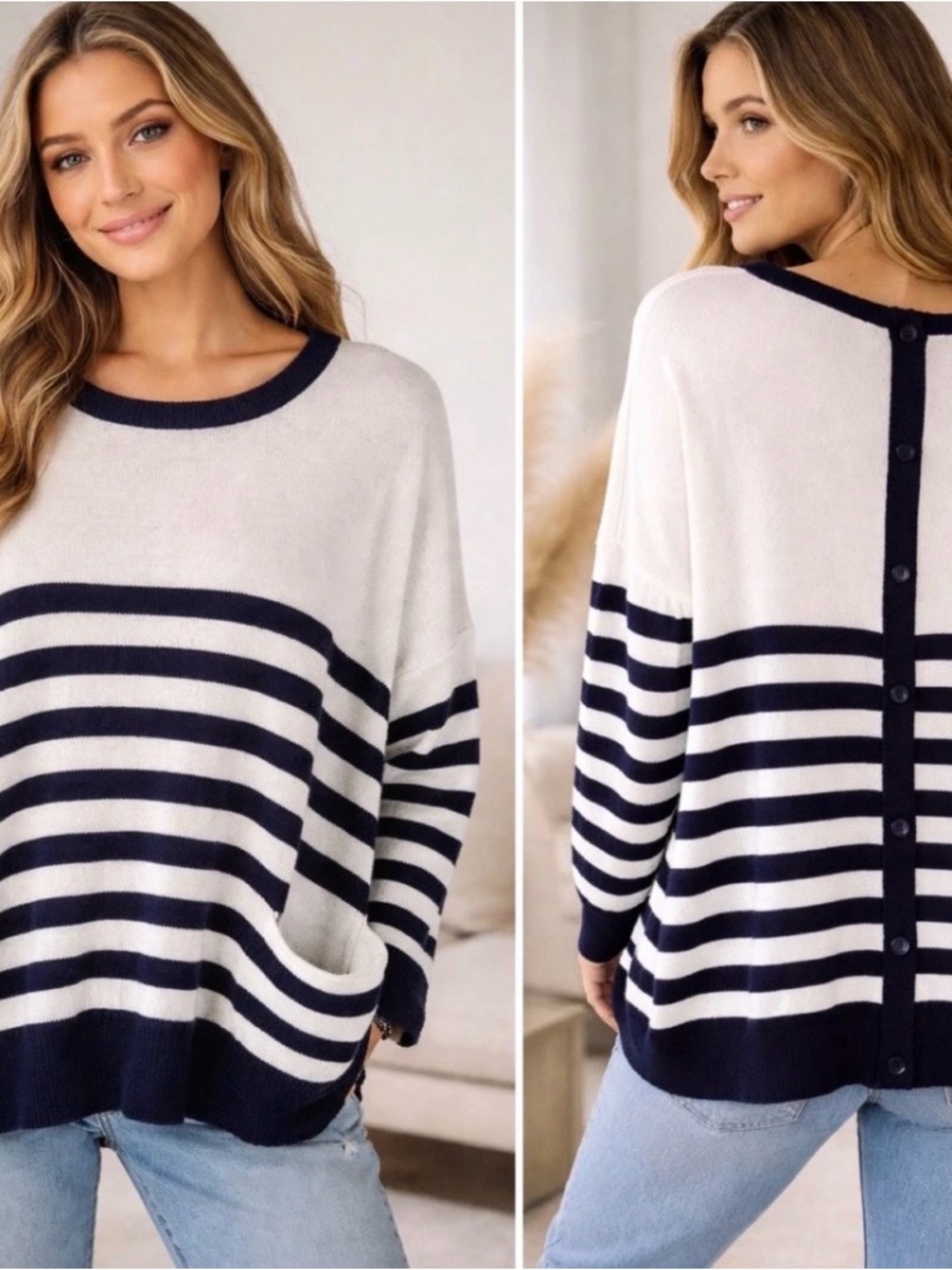 Striped Crewneck Button-Back Sweater - White & Navy Delicate Knit